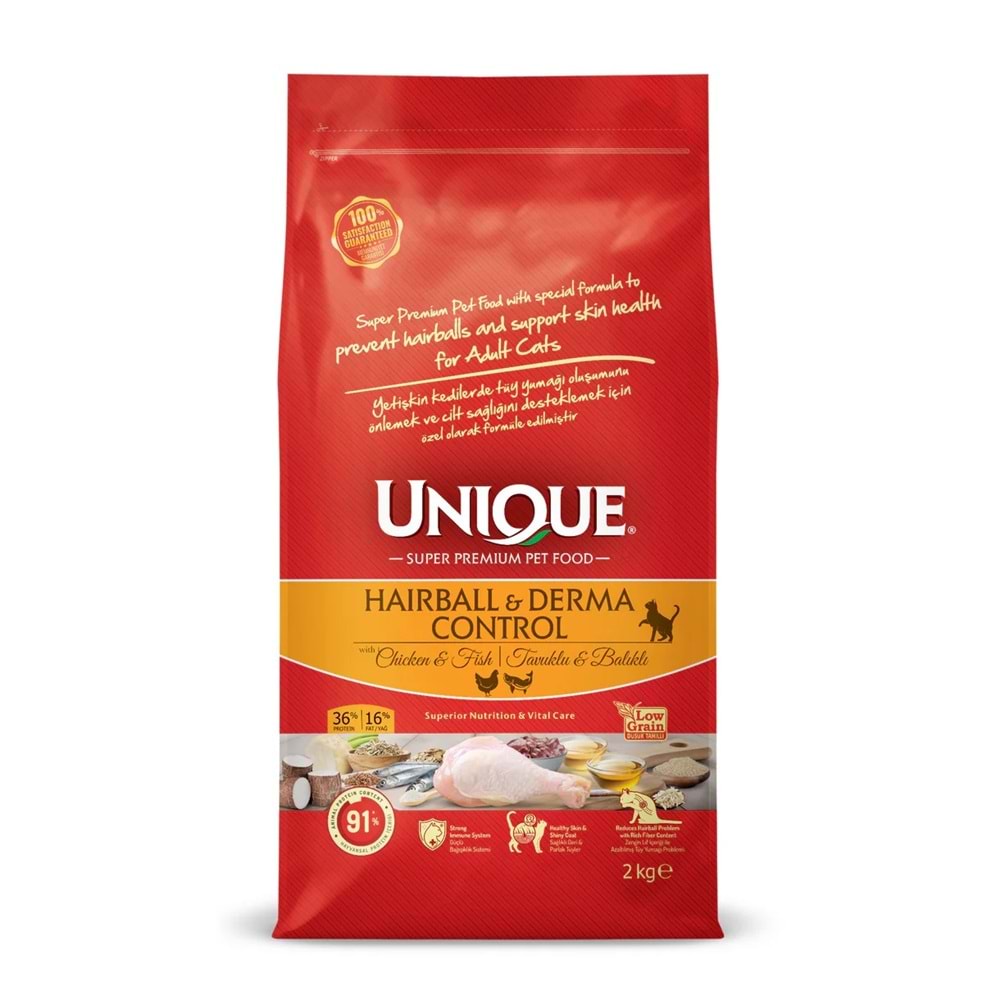 UNIQUE HAIRBALL & DERMA CONTROL CHICKEN & FISH 2 KG