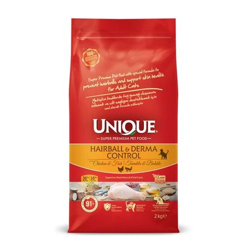 UNIQUE HAIRBALL & DERMA CONTROL CHICKEN & FISH 2 KG